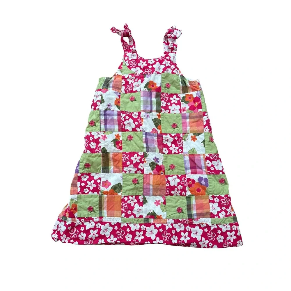 Gymboree Patchwork Dress Kids Pink Floral Plaid‎ Boho Tie Shoulder SIZE 5T